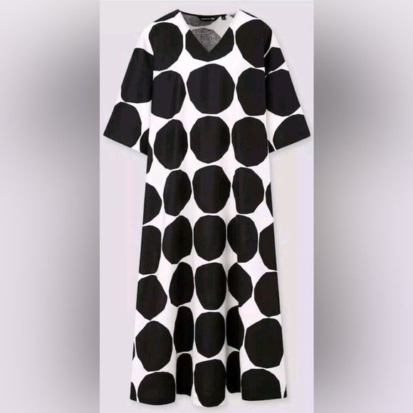 Marimekko x Uniqlo Dress XS Black White Bold Print Linen Cotton Kaftan Pockets - Picture 2 of 8